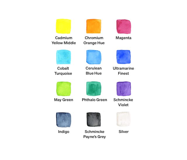 Swatches of Schmincke watercolors from the Drawn to High Places Palette.